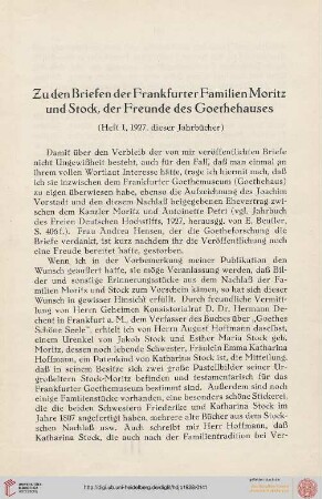 Neue Folge 1928: Zu den Briefen der Frankfurter Familien Moritz und Stock, der Freunde des Goethehauses : (Heft 1, 1927, dieser Jahrbücher)