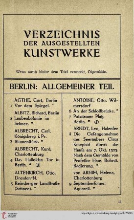 Verzeichnis der ausgestellten Kunstwerke.