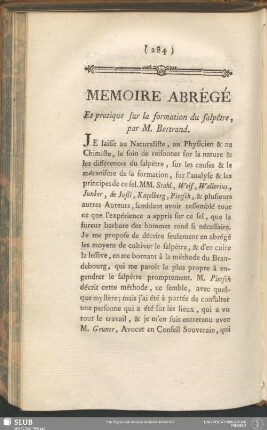 Memoire Abrégé Et pratique sur la formation du salpêtre, par M. Bertrand