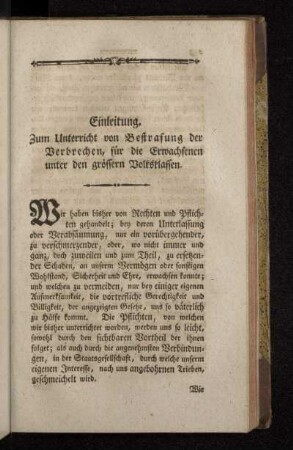 Einleitung. Zum Unterricht von Bestrafung der Verbrechen, für die Erwachsenen unter den grössern Volksklassen.