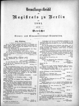 No. III. Bericht der Steuer- und Einquartierungs-Deputation