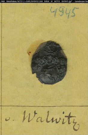 Siegler: Wallwitz (Walwitz) Überlieferungsart: Stoff: Lack Farbe: schwarz Form: oval. Durchmesser: 17 mm Art: Typ: Umschrift: