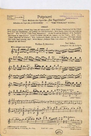 Potpourri nach Motiven der Operette: "Der Vogelhändler" = Sélection de l'opérette "L'Oiseleur" = "The Tyrolean" Selection