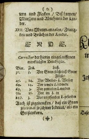 Correctur der hierin eingelauffenen mercklichen Druckfehler.