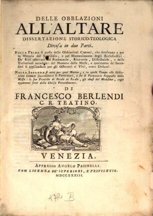 Delle oblazioni all'altare dissertazione storica-theologica