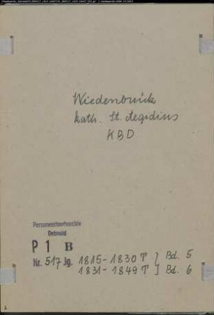 Kirchenbuchduplikat der katholischen Gemeinde Aegidius Wiedenbrück, Kreis Wiedenbrück (T 1815-1849) (Gemeinde: Katholische Gemeinde Aegidius Wiedenbrück)