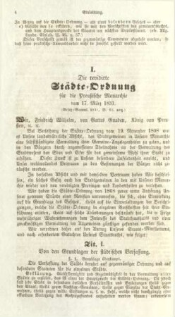 I. Die revidirte Städte-Ordnung für die Preußische Monarchie