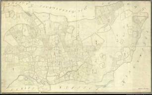 Landesaufnahme des Fürstbistums Osnabrück I Amt Bersenbrück Bl. 10 c Kirchspiel: Badbergen Feldmark: Wehdel Ortschaft: Wehdel Reinkarte Teil 3 Ausf.-Art: Farbige Zeichnung auf Karton, auf Leinen aufgezogen Herst.: Johann Wilhelm Du Plat Herst.: Georg Wilhelm Du Plat, Ernst Friedrich Du Plat (Direktion: Johann Wilhelm Du Plat) Format: ca. 70 x 110 cm Maßstab: 1 : 3 840