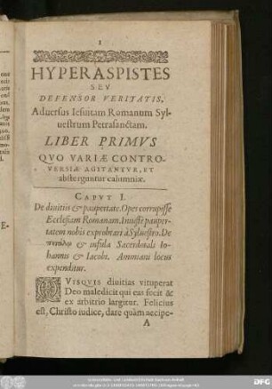 Liber Primus Quo Variae Controversiae Agitantur, Et absterguntur calumniae.