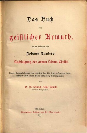 Das Buch von geistlicher Armuth : bisher bekannt als Johann Taulers Nachfolgung des armen Lebens Christi