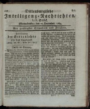 LII. Stück. Sonnabends: den 25. December, 1784.