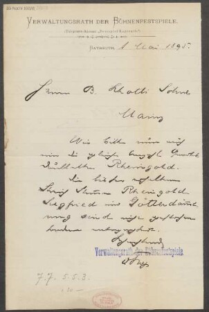 Brief an B. Schott's Söhne : 01.05.1895