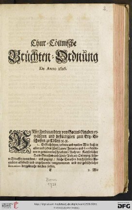 Chur-Cöllnische Brüchten-Ordnung De Anno 1616