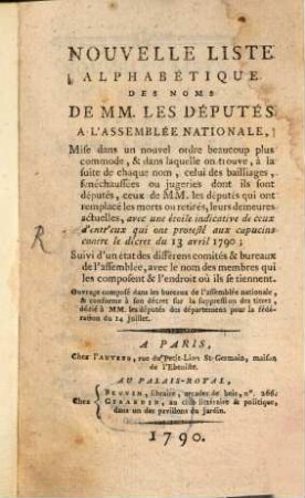 Nouvelle liste alphabetique des noms de MM. les députés à l'assemblée nation.