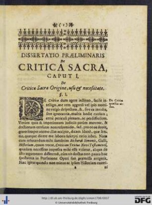 Dissertatio Praeliminaris de Critica Sacra.