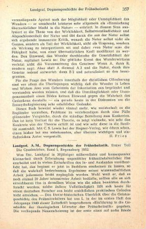 357-358 [Rezension] Landgraf, Artur Michael, Dogmengeschichte der Frühscholastik; 1. Teil