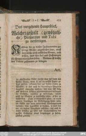 Das vierzehente Hauptstück, Welchergestalt (gewöhnliche) Perspective und Tubi zu verfertigen.