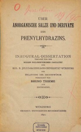 Über anorganische Salze und Derivate des Phenylhydrazins