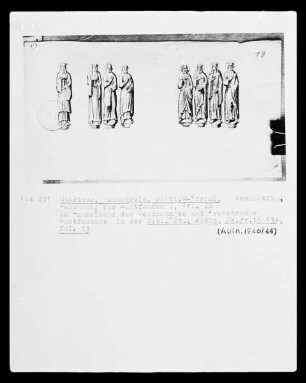 Ms. fr. 15 634, fol. 13, Sammelband der Zeichnungen und Probedrucke Montfaucons: Chartres, Kathedrale Notre-Dame, mittleres Westportal, Gewändefiguren