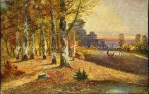 Herbstlandschaft mit pflügendem Bauern