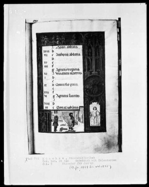 Gebetbuch mit Kalendarium — Buchseite mit Monatsbild Januar und Tierkreiszeichen, Folio 5recto