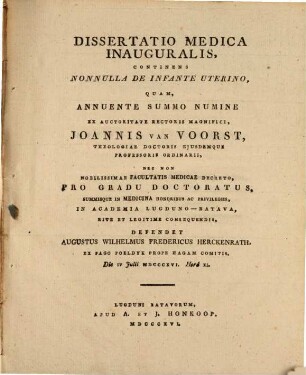 Diss. med. inaug. continens non nulla de infante uterino