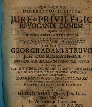 Dissertatio Juridica De Jure & Privilegio Revocandi Domum