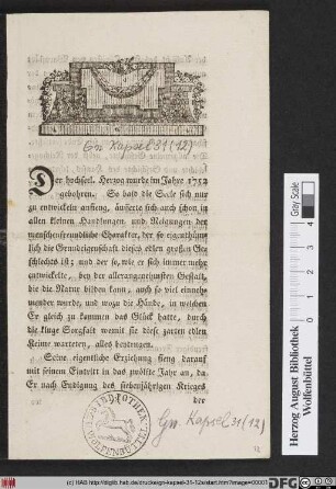 Der hochseel. Herzog wurde im Jahre 1752 gebohren ...