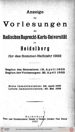 Sommersemester 1922