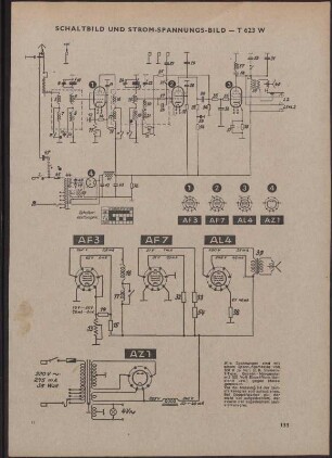 Schaltbild: Schaltbild und Strom - Spannungs - Bild -T 623 W; Ersatzteil - Stückliste - Elektrische Teile - T 623 W