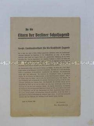 Rundschreiben von Goebbels zum Landaufenthalt der Berliner Jugend