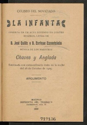 La infanta : opereta en un acto dividido en cuatro cuadros ; argumento