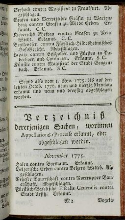 Verzeichniß dererjenigen Sachen, worinnen Appellations-Processe erkannt, oder abgeschlagen worden.