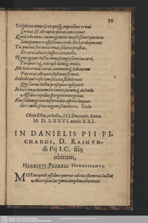 In Danielis Pii Fichardi, D. Raimundi Pij I. C. filij obitum