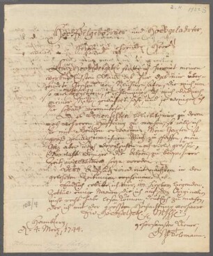 Georg Philipp Telemann (1681 - 1767) Autographen: Brief von Georg Philipp Telemann an Albrecht von Haller - BSB Autogr.Cim. Telemann, Georg Philipp