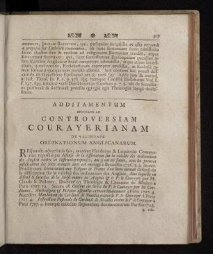 Additamentum Spectans Ad Controversiam Courayerianam De Validitate Ordinationum Anglicanarum.