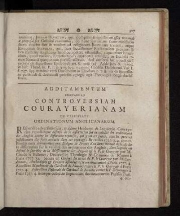 Additamentum Spectans Ad Controversiam Courayerianam De Validitate Ordinationum Anglicanarum.