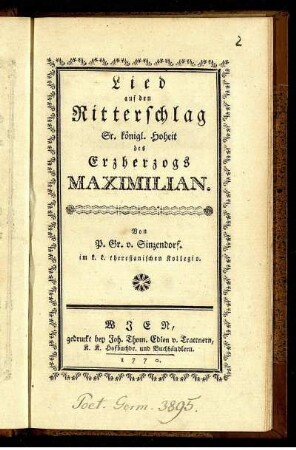 Lied auf den Ritterschlag Sr. königl. Hoheit des Erzherzogs Maximilian