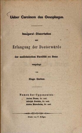 Über Carcinom des Oesophagus : (Inaug.-Diss.)