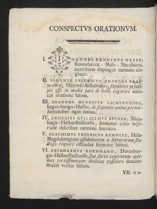 Conspectus Orationum.