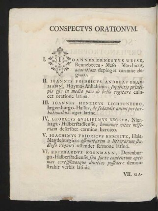 Conspectus Orationum.