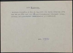 Lejeune, Decoufleu & Cie. in Bagnolet bei Paris erhalten 1879 das Deutsche Reichspatent Nr. 8721 auf eine Zigarettenmaschine