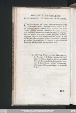 Approbatio Et Facultas Reverendissimi, Et Celsissimi D. Ordinarii.