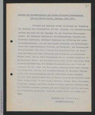 Bericht der Geschäftsstelle des BDF für die Monate Januar bis März 1920