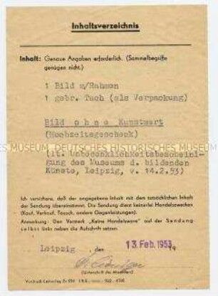 Ausfuhrgenehmigung für einen Kunstgegenstand aus der DDR in die Bundesrepublik - Familienkonvolut