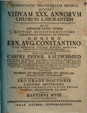 Dissertatio Inavgvralis Medica Sistens Vidvam XXX. Annorvm Chlorosi Laborantem