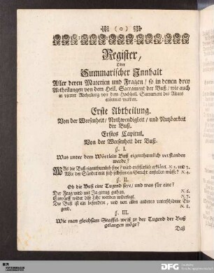 Register, Oder Summarischer Innhalt