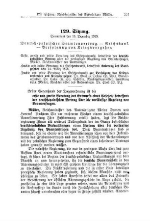 129. Sitzung. Sonnabend den 13. Dezember 1919