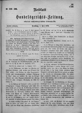 Beiblatt zur hamburgischen Handelsgerichts-Zeitung No. 24-26. Neunter Jahrgang. Hamburg, 1. Juli 1876.