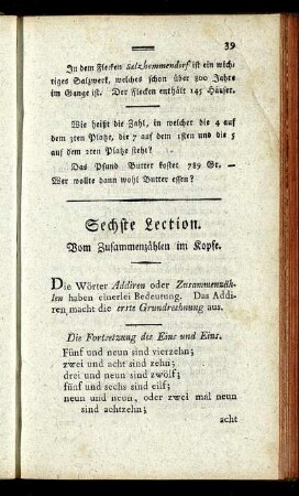 Sechste Lection. Vom Zusammenzählen im Kopfe. - Zehnte Lection. Vom Zahlenschreiben und Zahlenlesen.